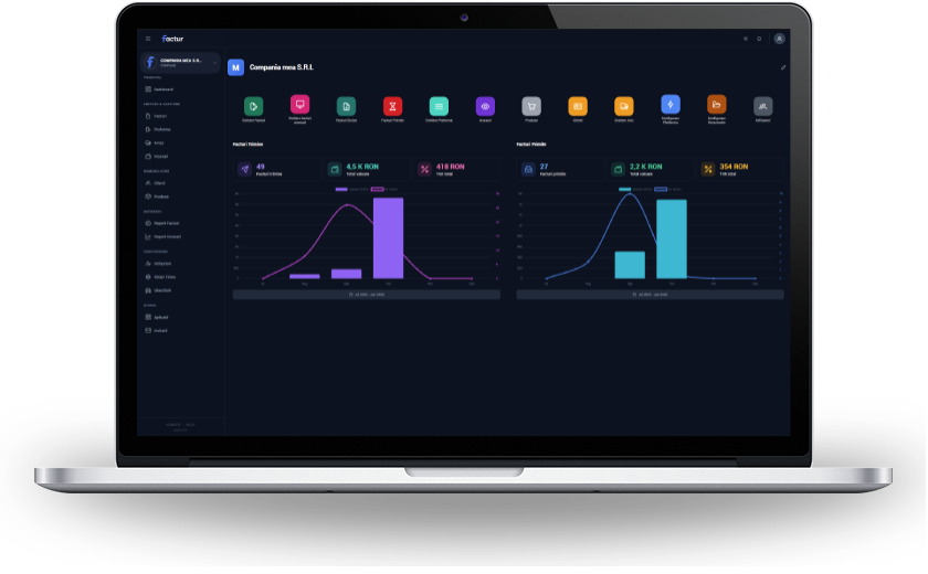 Factur reporting features displayed on MacBook showing business analytics